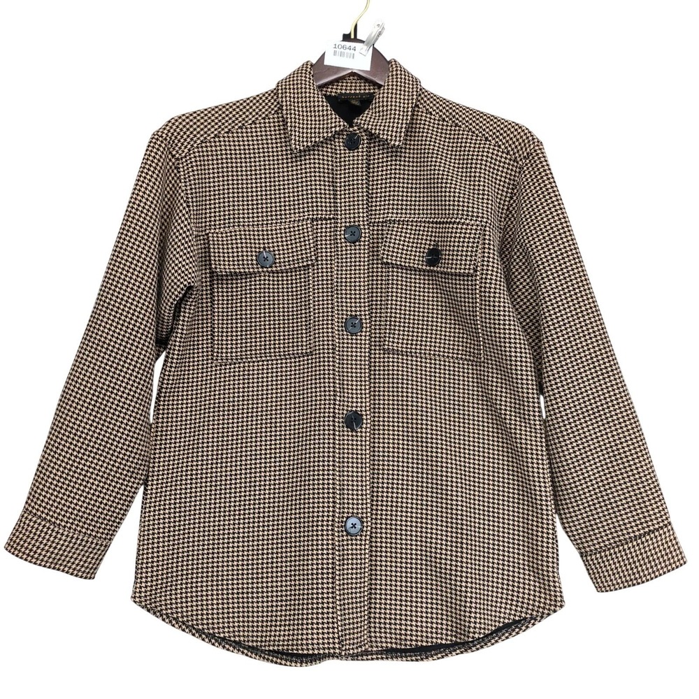 Anthropologie Current Air Tan Black Houndstooth Shacket Jacket Womens XS Preppy‎